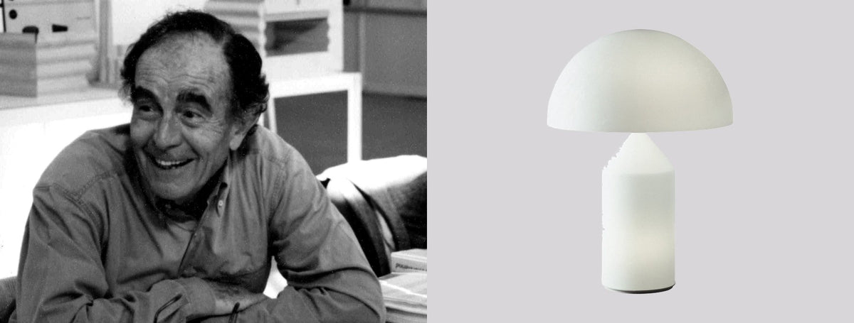 Designer Vico Magistretti beside the Atollo Glass Table Lamp | Casa Di Luce