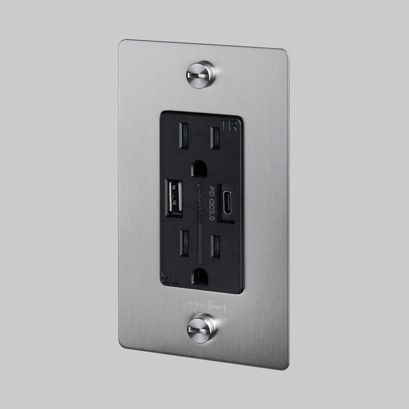 1G Combination Duplex Outlet and USB AC Charger Steel By Buster And Punch