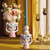 Bjørn Wiinblad Lady with Hat Candle Holder, Pink/Yellow, H: 6.3" By Bjorn Wiinblad