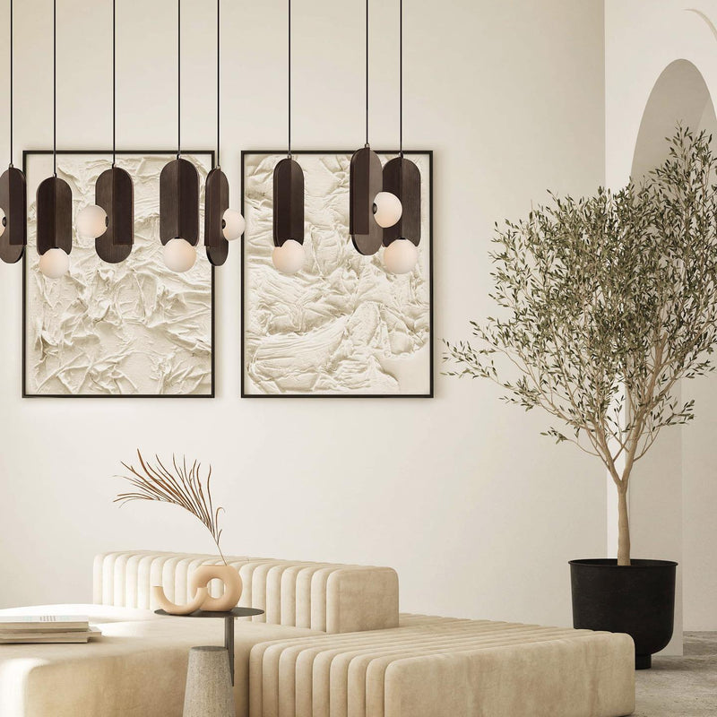 Minimalist cream living room with hanging pendants