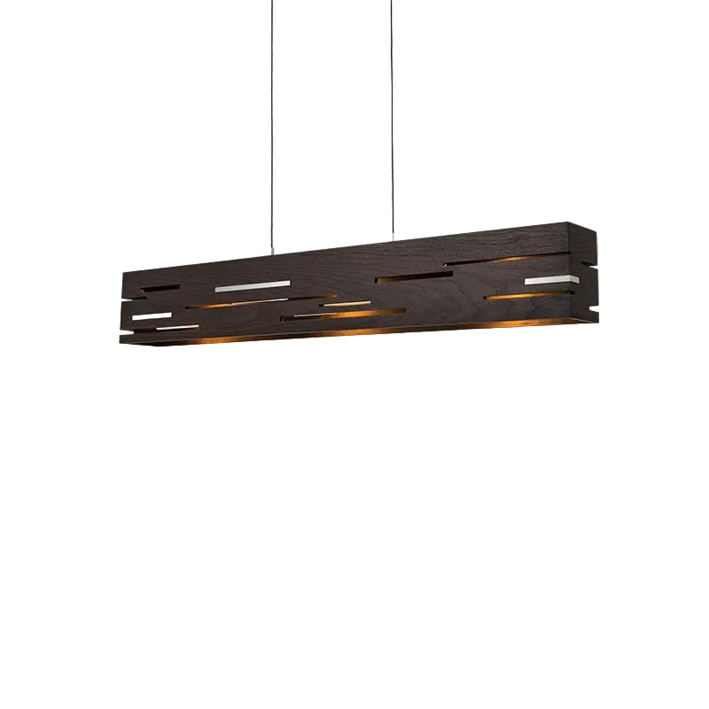 Aeris 54 Linear Pendant by Cerno in dark stained walnut with brushed aluminum inlays, angled view