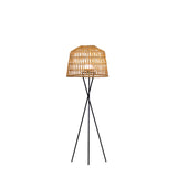 Natural woven rattan dome shade lit with a warm glow atop a slim black tripod floor stand — Amalfi Battery Floor Lamp by New Garden