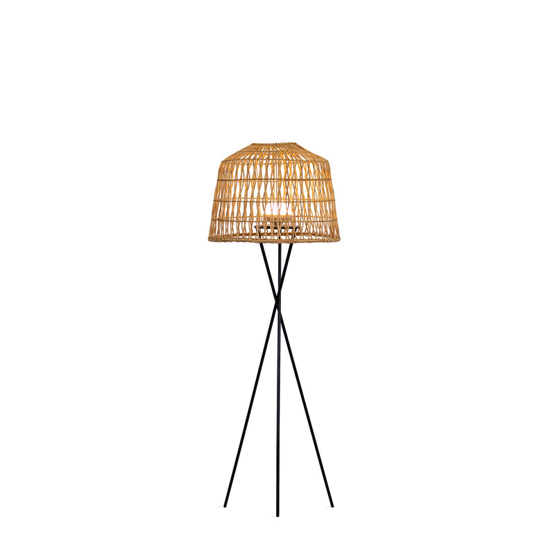Natural woven rattan dome shade lit with a warm glow atop a slim black tripod floor stand — Amalfi Battery Floor Lamp by New Garden