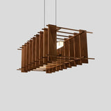 Arca Linear Pendant by Cerno in walnut, angled view of the slatted wood cage