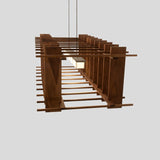 Arca Linear Pendant by Cerno in walnut, end view showing the frosted polymer light bar inside the cage