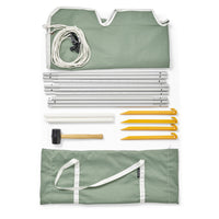 Flat-lay sage green beach tent kit with carry bag, aluminium poles, yellow pegs and mallet — Beach Tent by Basil Bangs