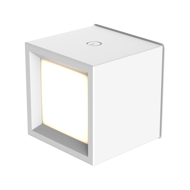 Box wall-mounted rechargeable lamp by New Garden, white cube with a warm-glowing recessed square face and touch control on top