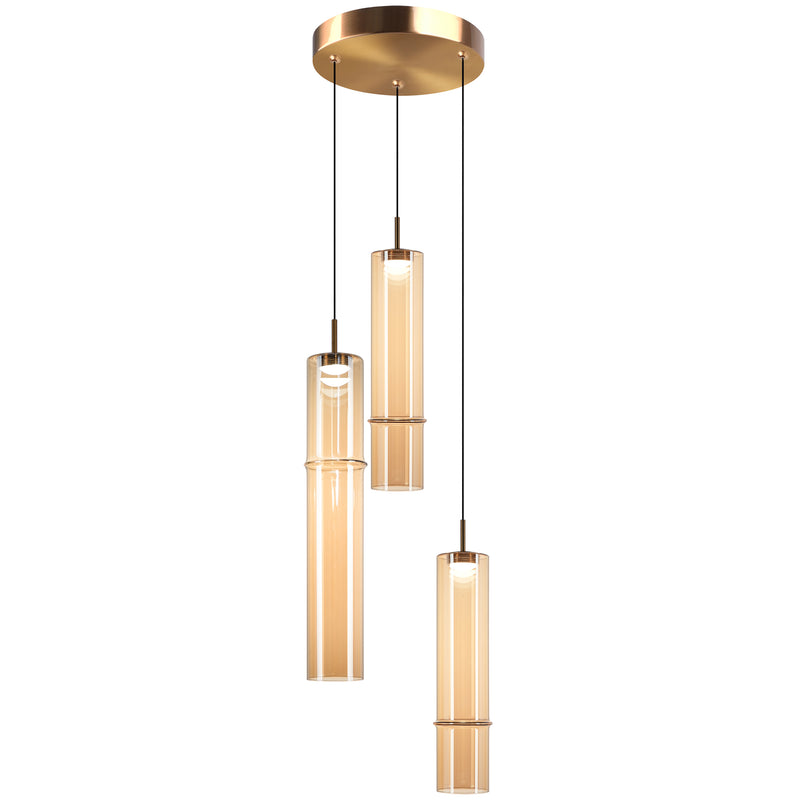 Bambu 3 Light Suspension Aged Gold Brass Ambner Glass By Matteo