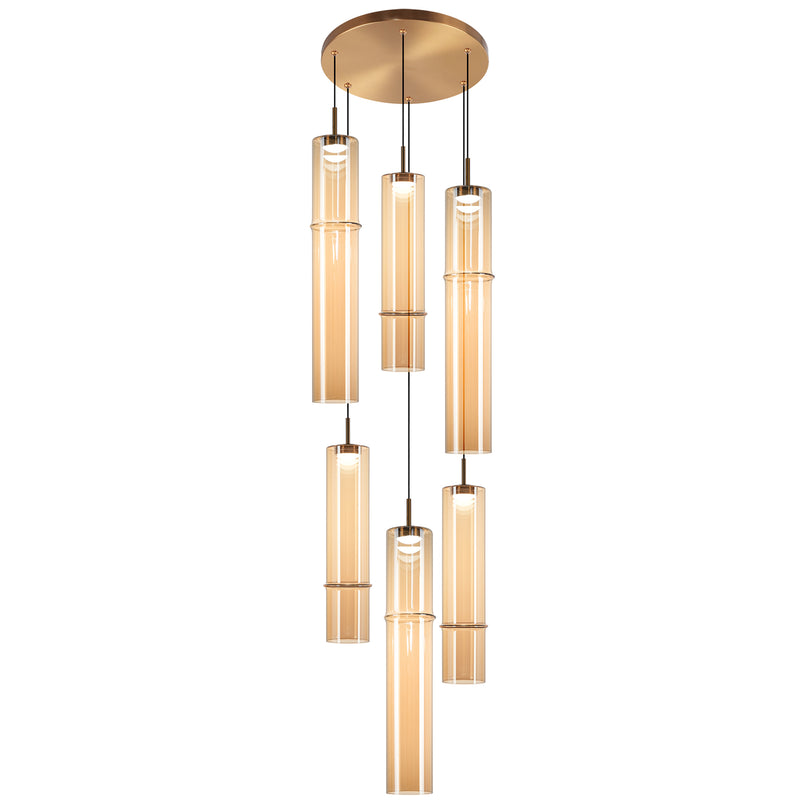 Bambu 6 Light Suspension Aged Gold Brass Amber Glass By Matteo