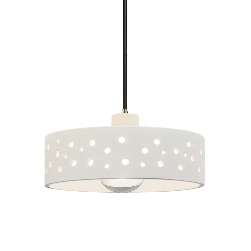 Bisque-Black Cord Perforated Dish Ceramic Pendant by Justice Design
