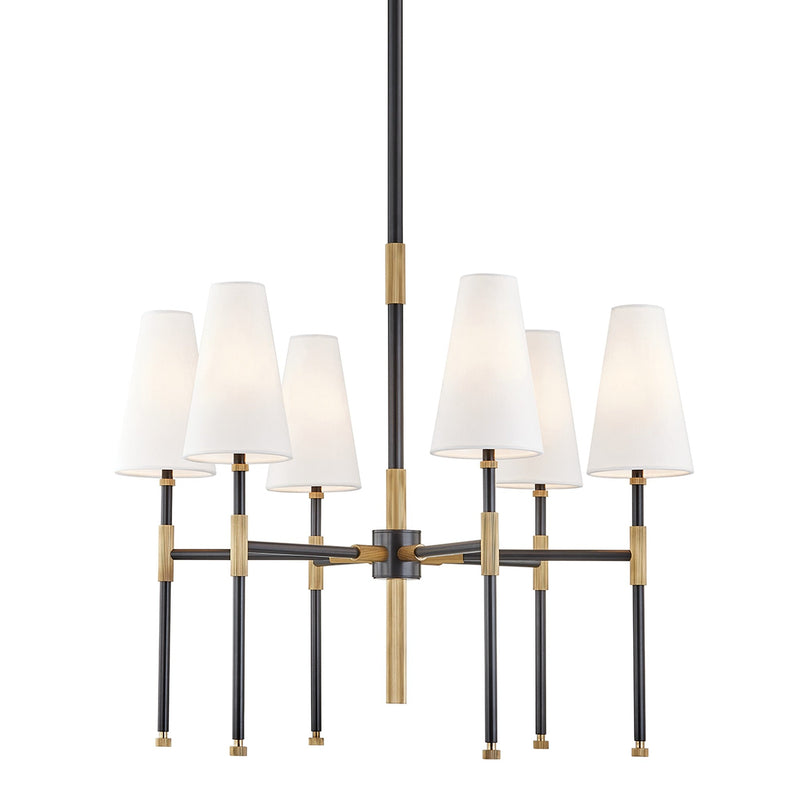 Bowery Chandelier 6-Light in Aged Brass/Old Bronze finish with white linen cone shades, by Hudson Valley