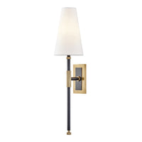 Bowery Cone Shade Wall Sconce in Aged Brass / Old Bronze with a white linen cone shade and rectangular backplate.