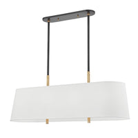 Bowery Linear Suspension in Aged Brass/Old Bronze with white linen oval drum shade, 8-light island suspension by Hudson Valley.
