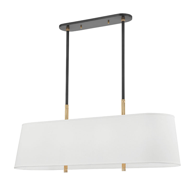 Bowery Linear Suspension in Aged Brass/Old Bronze with white linen oval drum shade, 8-light island suspension by Hudson Valley.