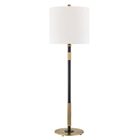 Bowery Table Lamp in Aged Brass/Old Bronze with white linen drum shade and round brass base