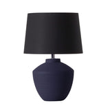 Buriti Table Lamp by Geo Contemporary in Navy Blue ceramic with a Black fabric shade and chrome details