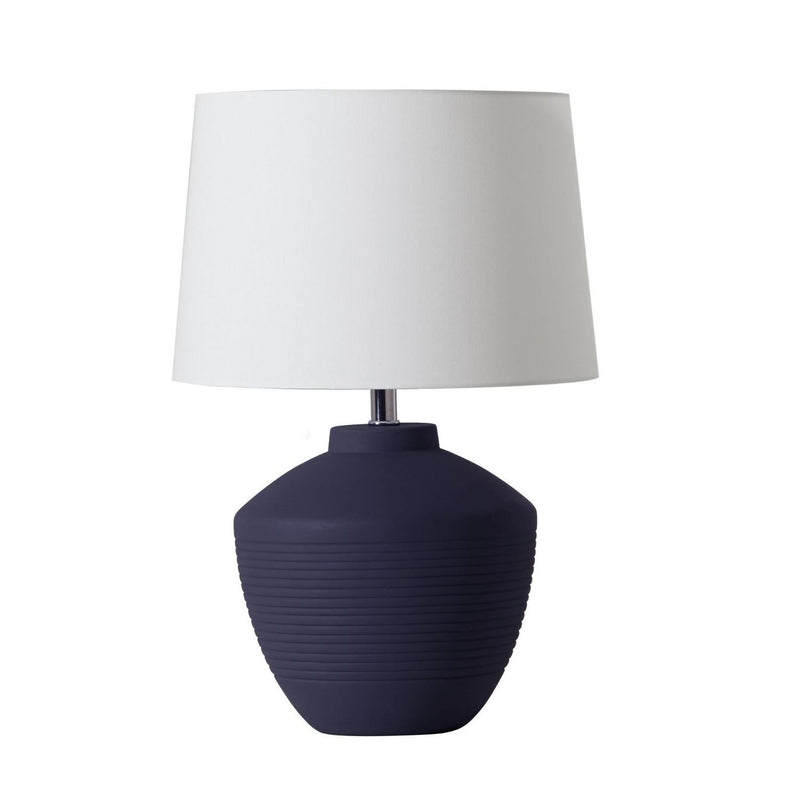 Buriti Table Lamp by Geo Contemporary in Navy Blue ceramic with a White fabric shade and chrome details