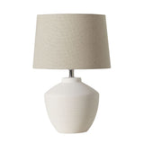 Buriti Table Lamp by Geo Contemporary in White ceramic with a Rustic Linen fabric shade and chrome details
