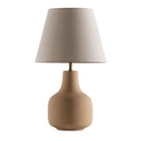 Búzios Table Lamp by Geo Contemporary in Cappuccino ceramic with a Rustic Linen fabric shade and brass-tone details