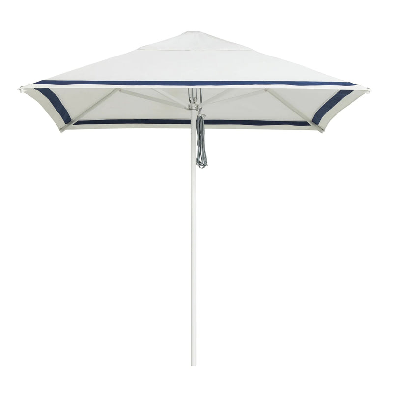 Square white canopy umbrella with a navy border stripe on a white aluminium pole — Regatta Umbrella 200 cm Square by Basil Bangs