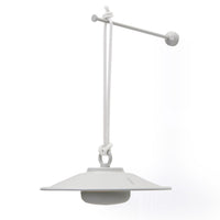 White portable lamp with a flat conical shade hung from a knotted cord on a slim balance arm — Chap-O by Fatboy