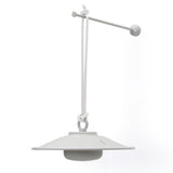 White portable lamp with a flat conical shade hung from a knotted cord on a slim balance arm — Chap-O by Fatboy