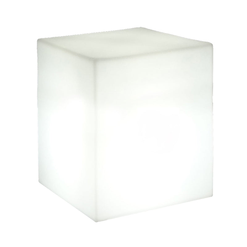 Cuby solar and rechargeable cube lamp by New Garden, frosted white cube glowing softly