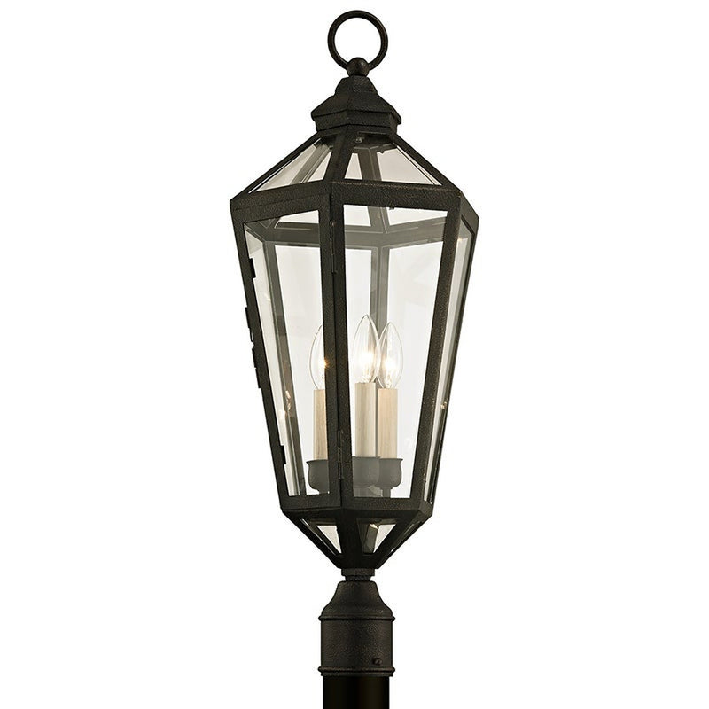 Calabasas Post Light by Troy Lighting in Vintage Bronze, 3-light clear-glass lantern
