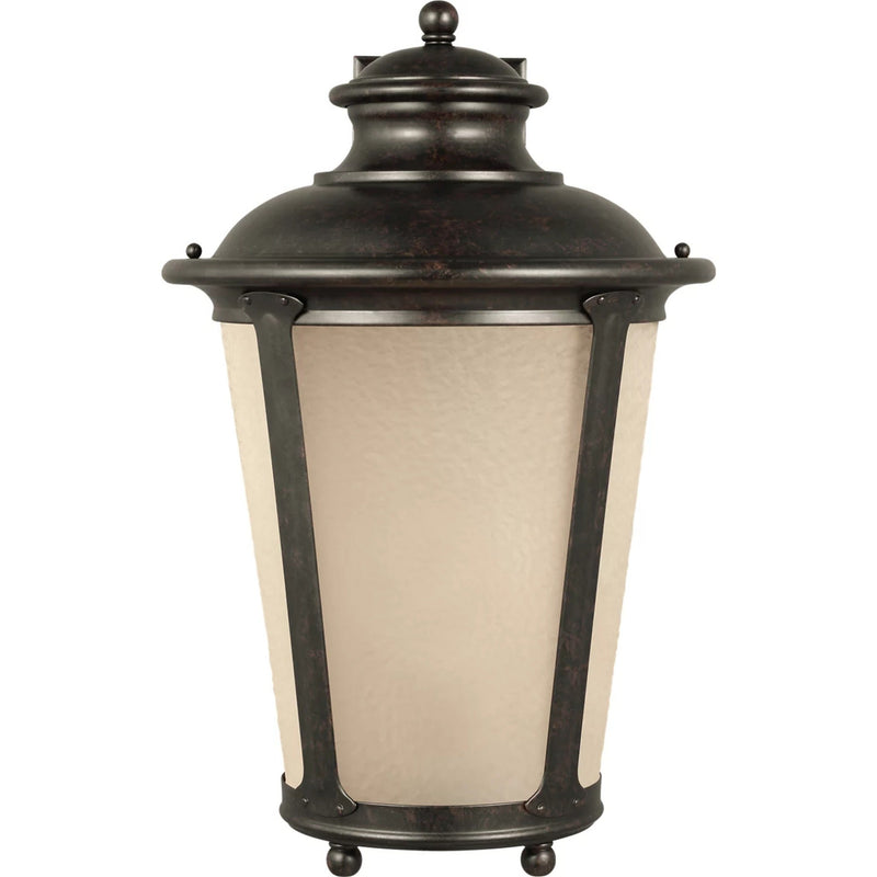 Cape May Up Outdoor Wall Lantern — Burled Iron with Etched Hammered with Light Amber Glass
