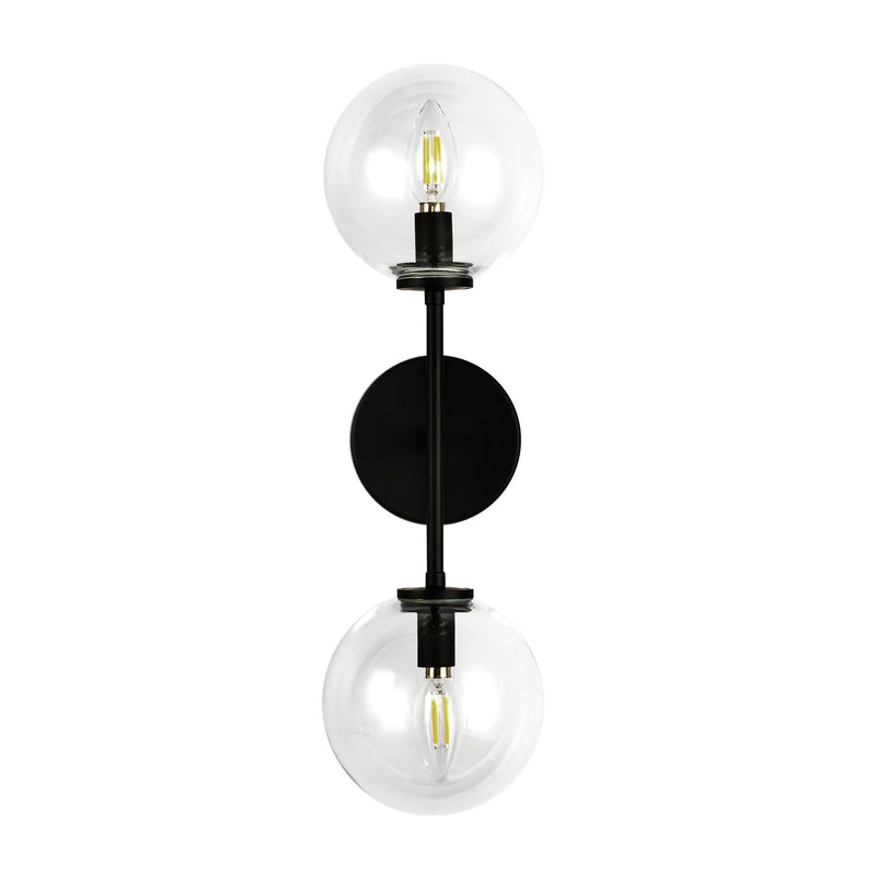 Cassia Wall Aged Matte Black Clear Glass 2 Lights By Alora Front View