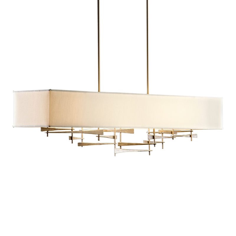 Cavaletti Linear Suspension, shown in Dark Smoke, Flax Shade, by Hubbardton Forge