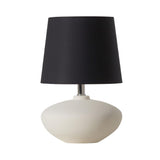 Cedro Table Lamp by Geo Contemporary in White ceramic with a Black fabric shade and chrome details