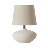 Cedro Table Lamp by Geo Contemporary in White ceramic with a Rustic Linen fabric shade and chrome details
