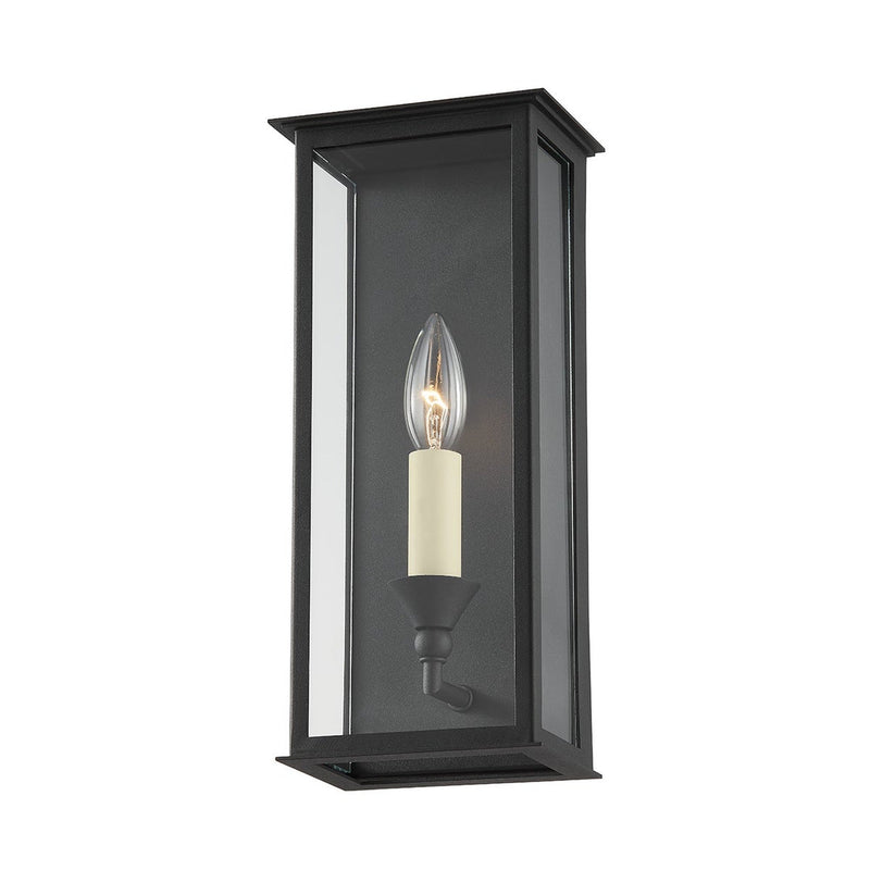 Chauncey Wall Sconce by Troy Lighting in Texture Black, 1-Light box lantern with clear glass
