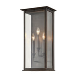Chauncey Wall Sconce by Troy Lighting in Vintage Bronze, 3-Light box lantern with clear glass