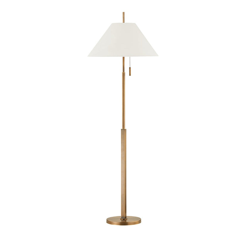 Clic Floor Lamp by Troy Lighting in Patina Brass with off-white tapered linen shade