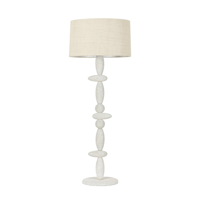 Cullen Floor Lamp by Troy Lighting in Vintage Gold Leaf with Ceramic Gypsum Clay, stacked-pebble ceramic body with natural linen shade