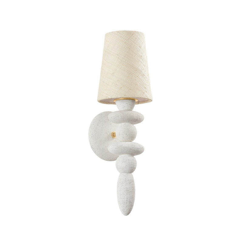 Cullen Wall Sconce by Troy Lighting in Vintage Gold Leaf with Ceramic Gypsum Clay, stacked-pebble ceramic body with natural linen shade