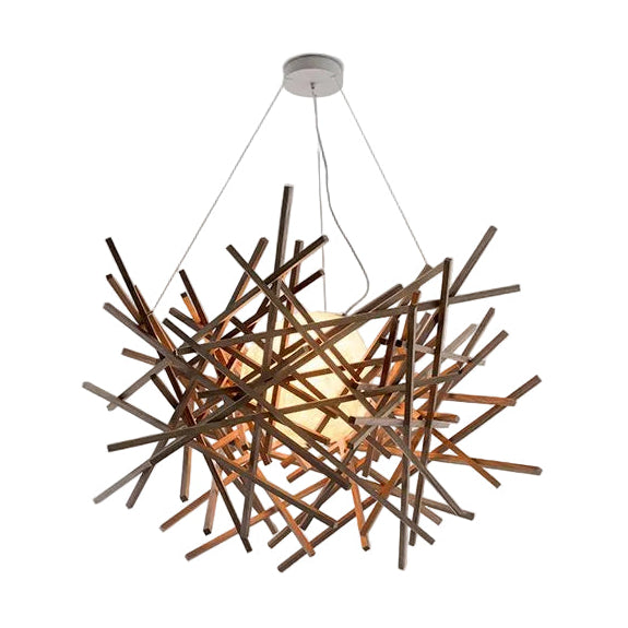 Cura Pendant Light by Cerno in raw walnut with white canopy - nest of solid wood sticks around a paper mache globe