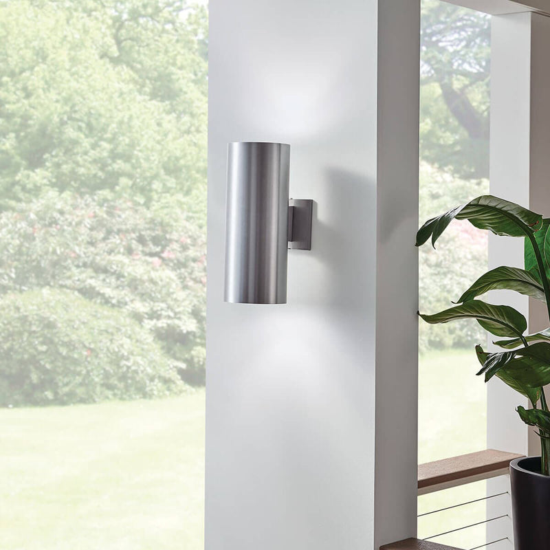 Cylinder Outdoor Wall Light Large Brushed Aluminium By Kichler - Lifestyle View