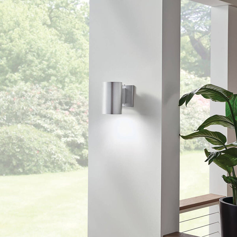 Cylinder Outdoor Wall Light Small Brushed Aluminium By Kichler - Lifestyle View