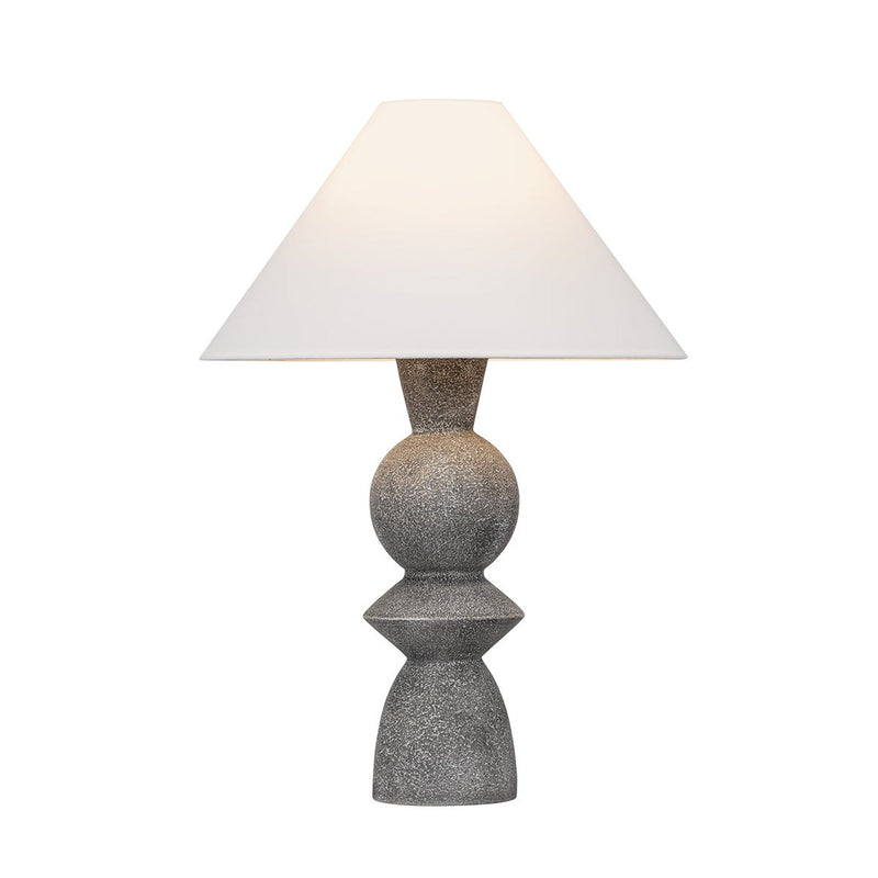 Cyrah Table Lamp by Troy Lighting in Patina Brass with Ceramic Lunar Grey, stacked sculptural ceramic body with white linen shade