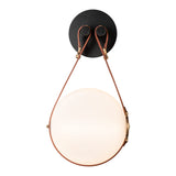 Derby LED Wall Sconce, shown in Black, Antique Brass, British Brown Leather & Branded Plate, by Hubbardton Forge
