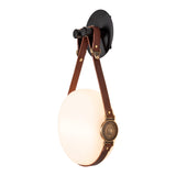 Derby LED Wall Sconce, shown in Black, Antique Brass, British Brown Leather & Branded Plate, by Hubbardton Forge