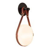 Derby LED Wall Sconce, shown in Black, Antique Brass, British Brown Leather & Branded Plate, by Hubbardton Forge