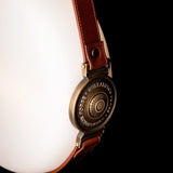 Derby LED Wall Sconce detail in Black, Antique Brass, British Brown Leather & Branded Plate, by Hubbardton Forge