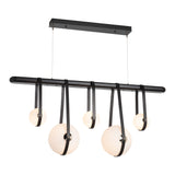 Derby Linear 5-Light LED Pendant, shown in Black, Polished Nickel, Black Leather, Black Wood, by Hubbardton Forge
