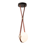 Derby Small LED Pendant, shown in Black, Antique Brass, Chestnut Leather & Branded Plate, Standard, by Hubbardton Forge