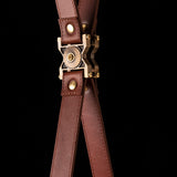 Derby Small LED Pendant detail in Black, Antique Brass, Chestnut Leather & Branded Plate, Standard, by Hubbardton Forge