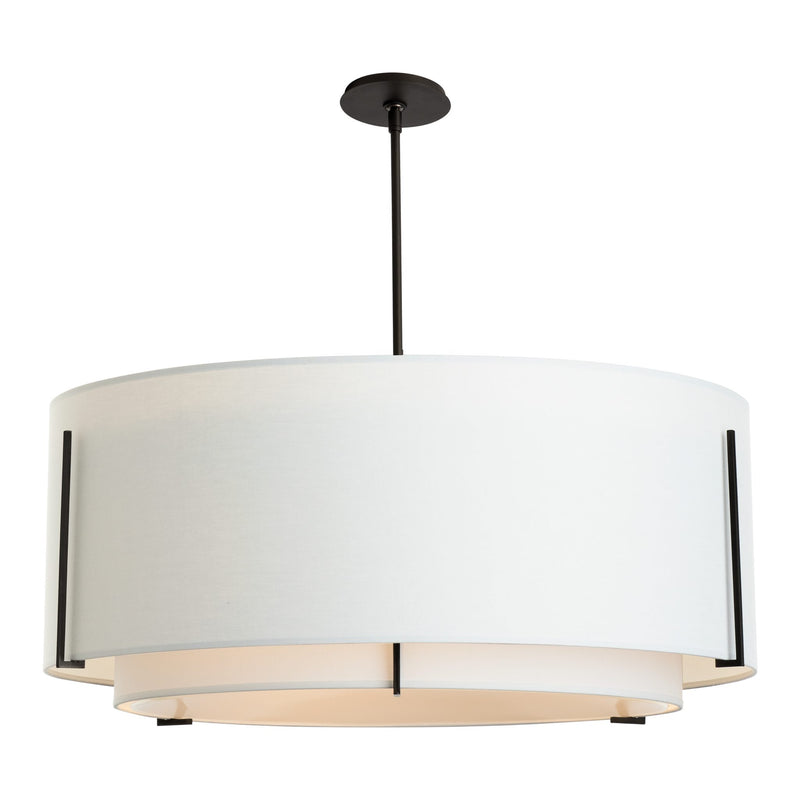 Exos Double Shade Large Scale Pendant Small, shown in Dark Smoke, Natural Anna Inner and Outer, by Hubbardton Forge